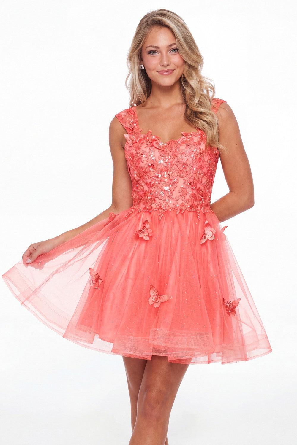 Coral Tulle Lace Applique Mini Dress - Front View