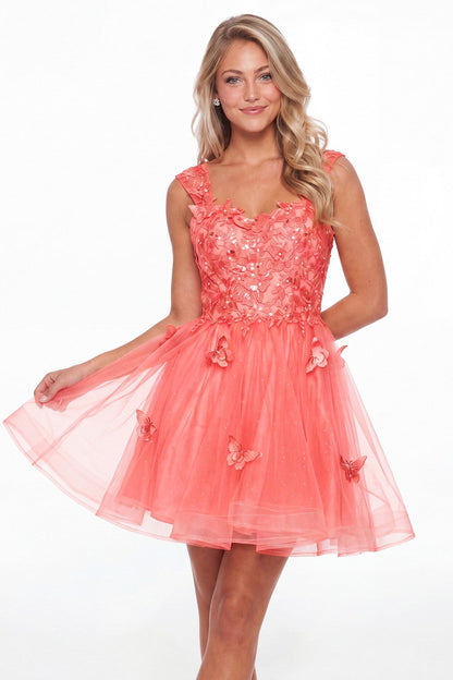 Coral Tulle Lace Applique Mini Dress - Front View