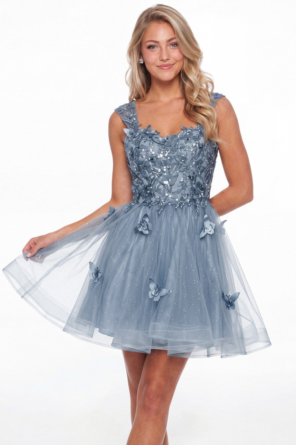 Dusty Blue Tulle Lace Applique Mini Dress - Front View