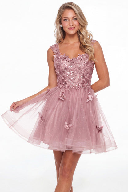 Dusty Rose Tulle Lace Applique Mini Dress - Front View