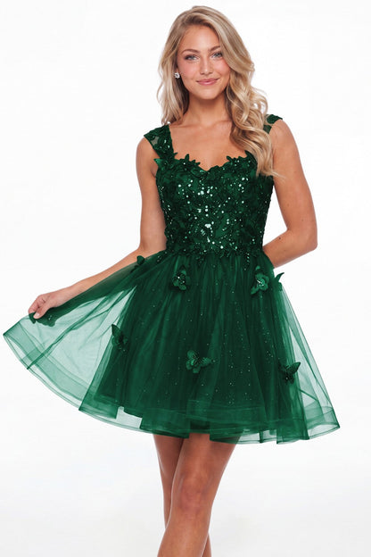Emerald Green Tulle Lace Applique Mini Dress - Front View