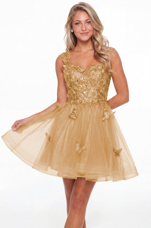 Gold Tulle Lace Applique Mini Dress - Front View