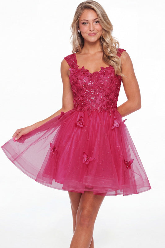 Hot Pink Tulle Lace Applique Mini Dress - Front View