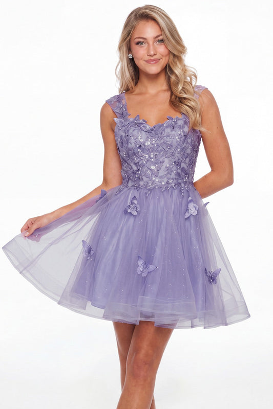 Lavender Tulle Lace Applique Mini Dress - Front View