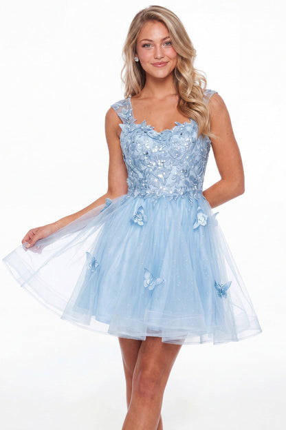 Light Blue Tulle Lace Applique Mini Dress - Front View