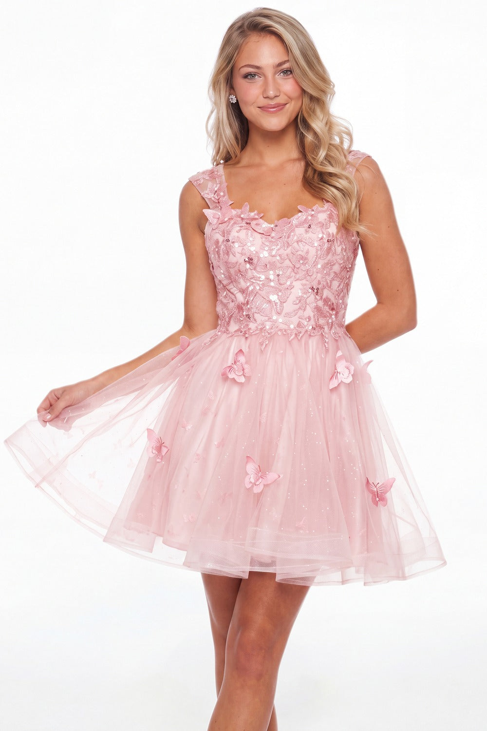 Light Pink Tulle Lace Applique Mini Dress - Front View