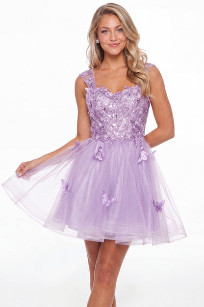 Lilac Tulle Lace Applique Mini Dress - Front View