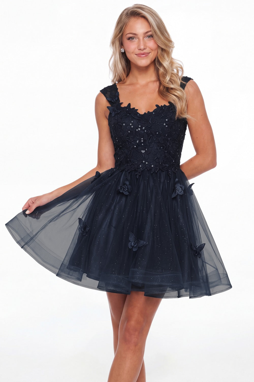 Navy Blue Tulle Lace Applique Mini Dress - Front View
