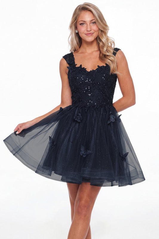 Navy Blue Tulle Lace Applique Mini Dress - Front View