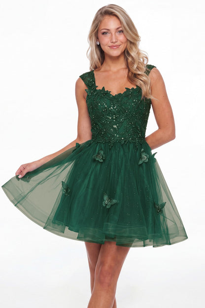 Peacock Tulle Lace Applique Mini Dress - Front View
