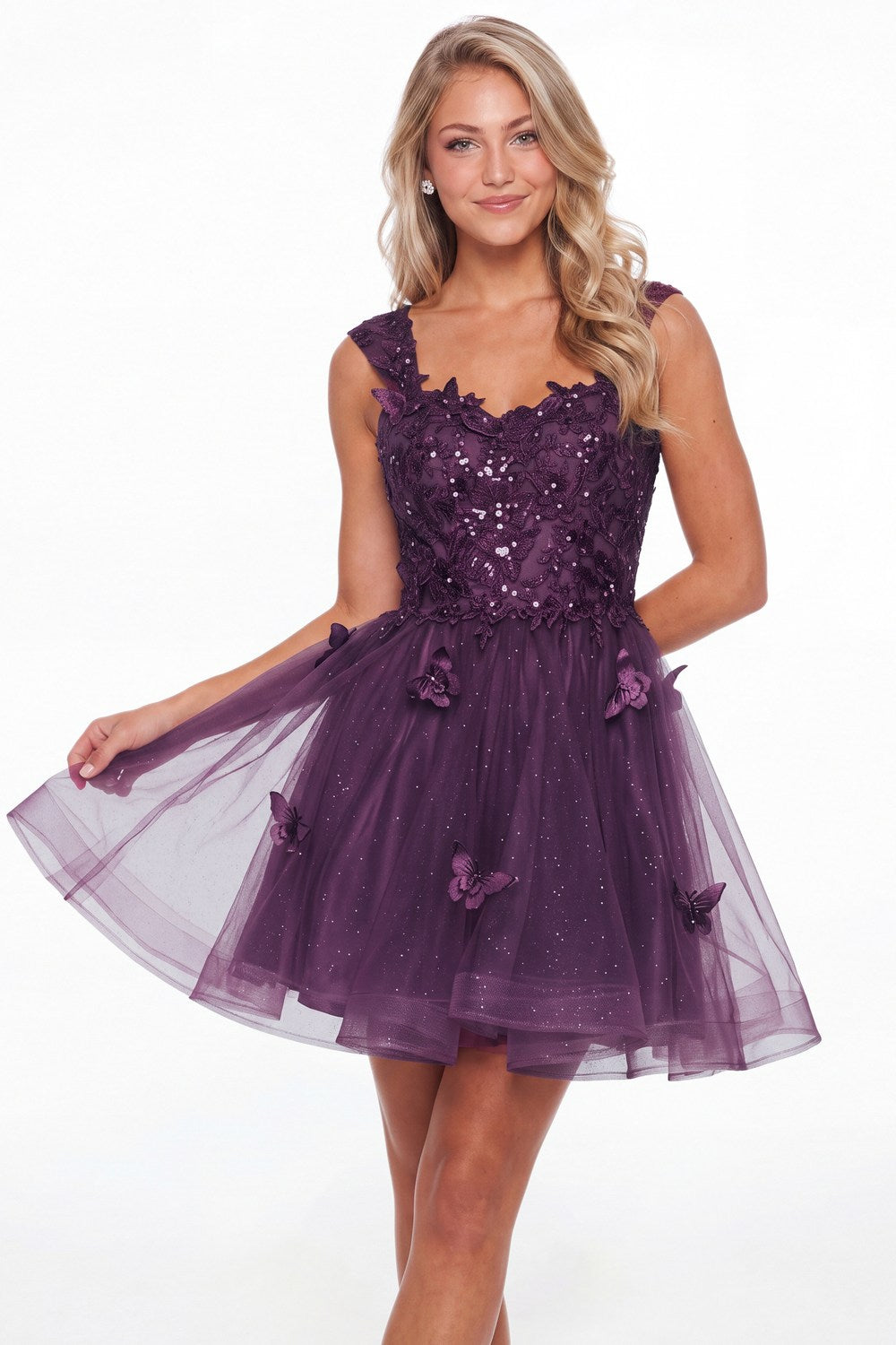 Plum Tulle Lace Applique Mini Dress - Front View