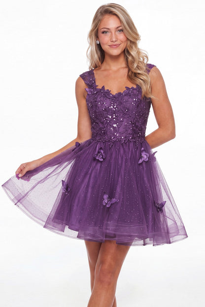 Purple Tulle Lace Applique Mini Dress - Front View