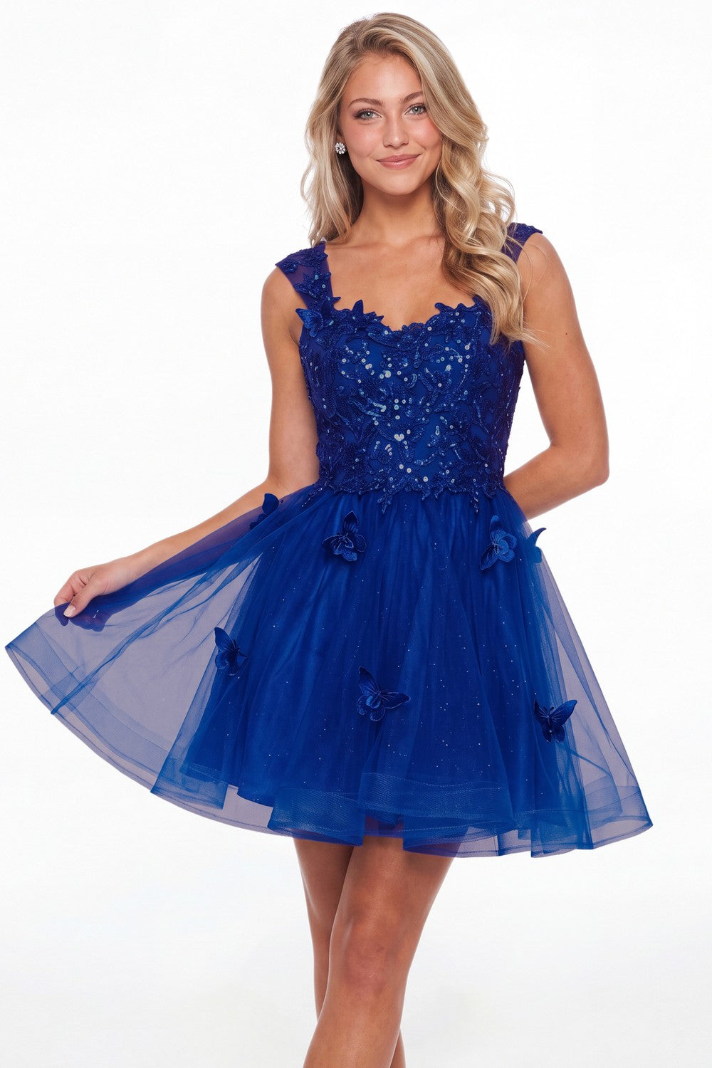 Royal Blue Tulle Lace Applique Mini Dress - Front View