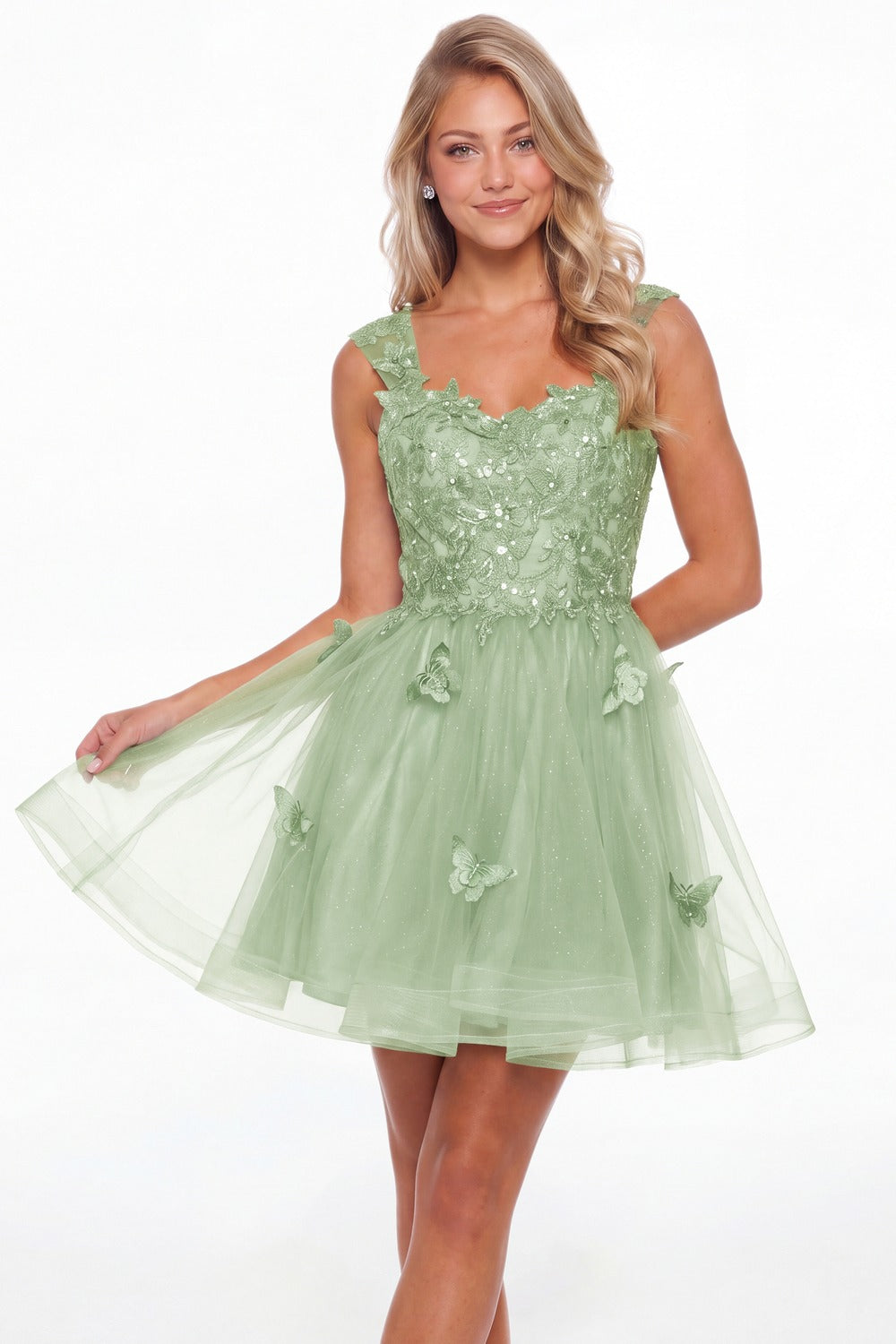Sage Green Tulle Lace Applique Mini Dress - Front View