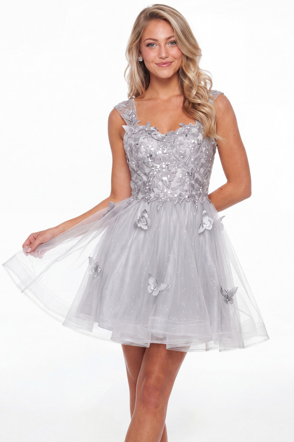 Silver Tulle Lace Applique Mini Dress - Front View