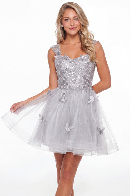 Silver Tulle Lace Applique Mini Dress - Front View