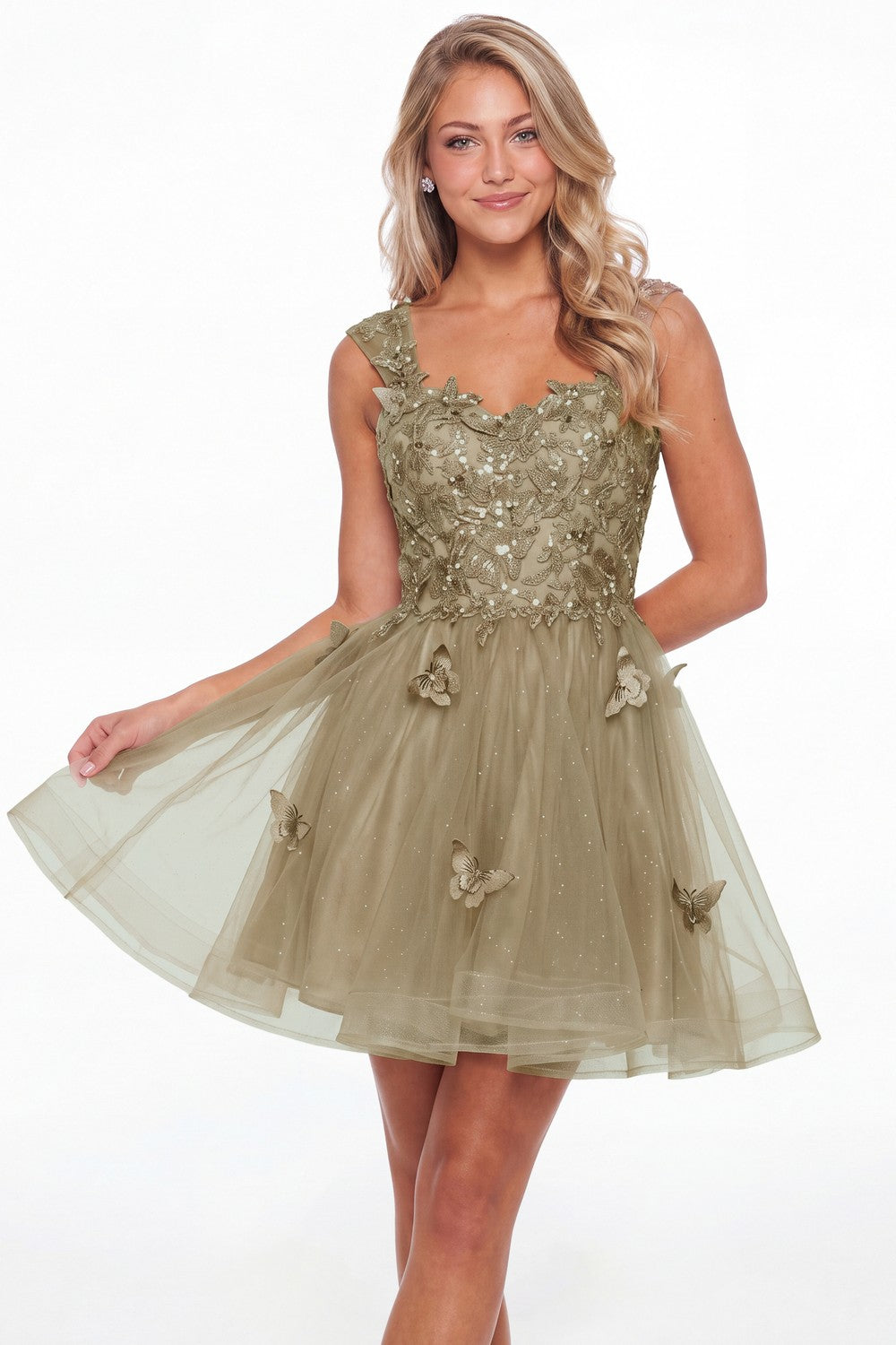 Taupe Tulle Lace Applique Mini Dress - Front View