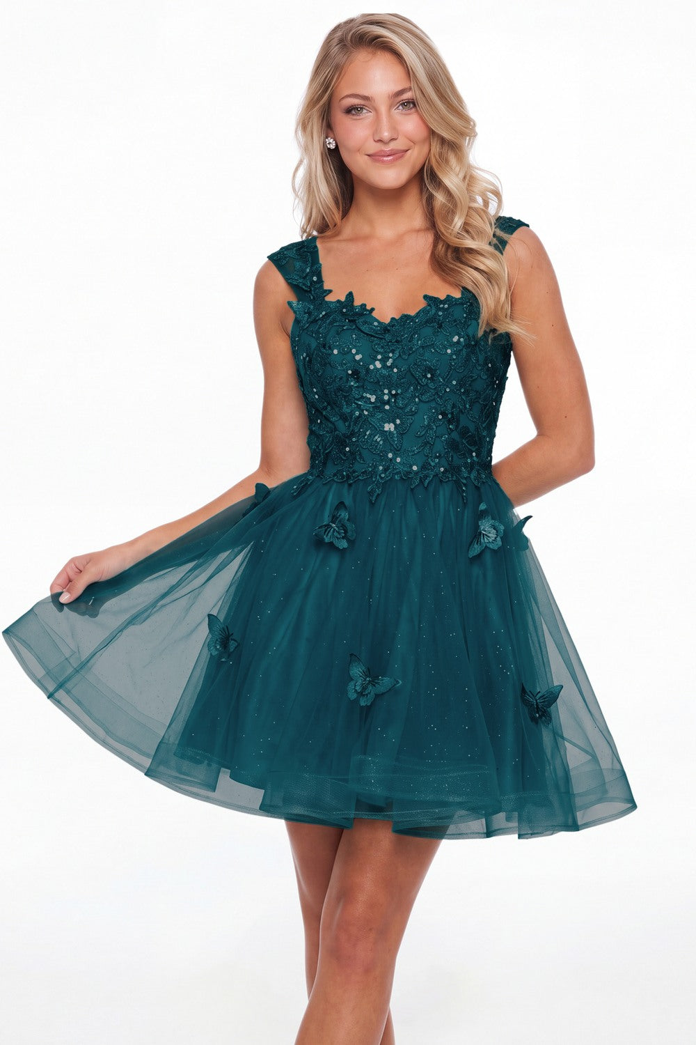 Teal Tulle Lace Applique Mini Dress - Front View