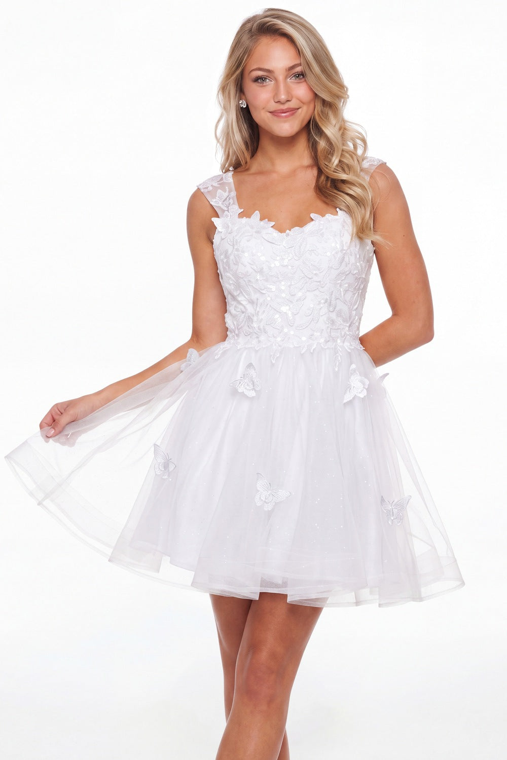 White Tulle Lace Applique Mini Dress - Front View