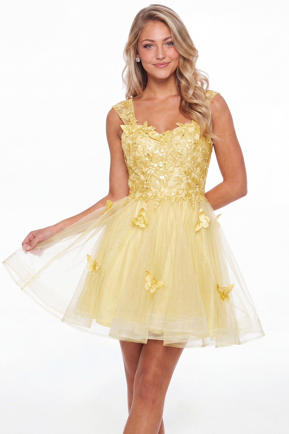 Yellow Tulle Lace Applique Mini Dress - Front View