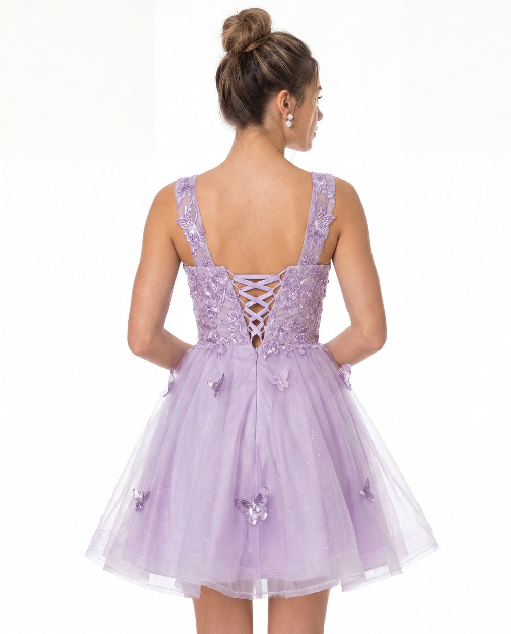 Tulle Lace Applique Mini Dress - Back View