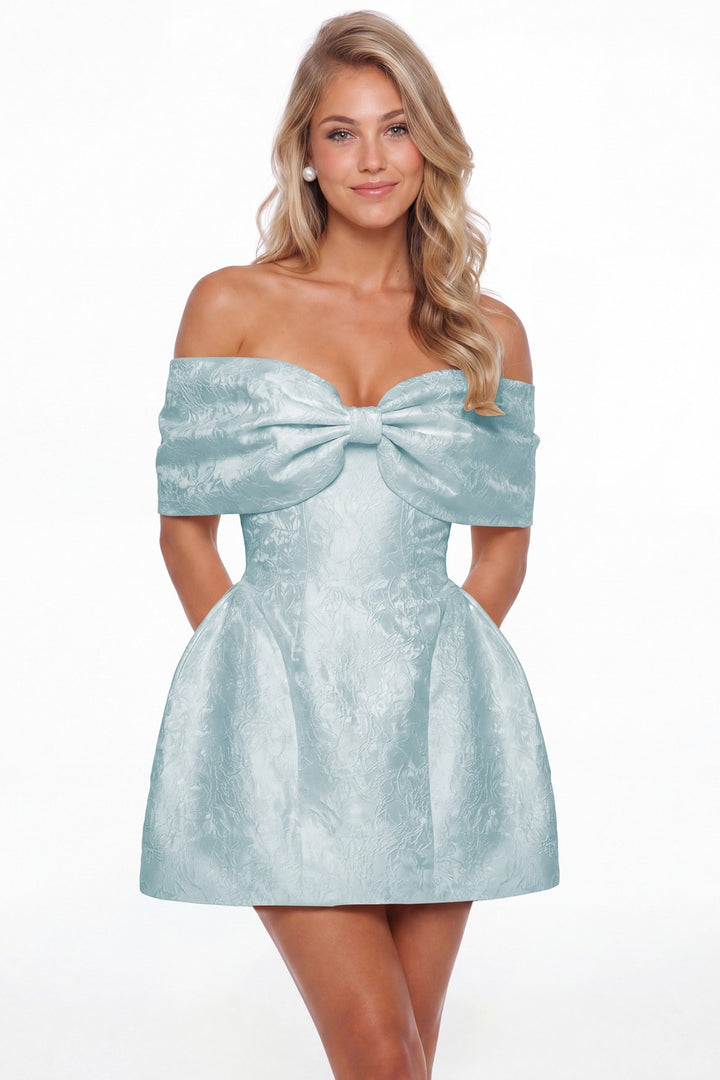Baby Blue Bow Jacquard Mini Dress - Front View