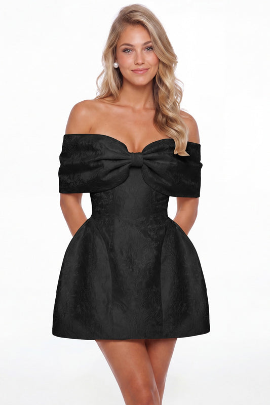 Black Bow Jacquard Mini Dress - Front View