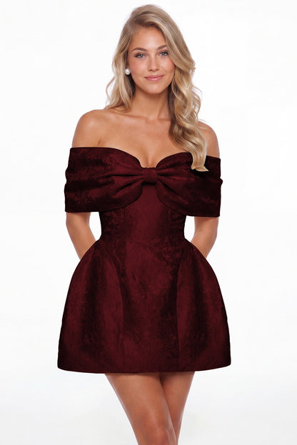 Burgundy Bow Jacquard Mini Dress - Front View