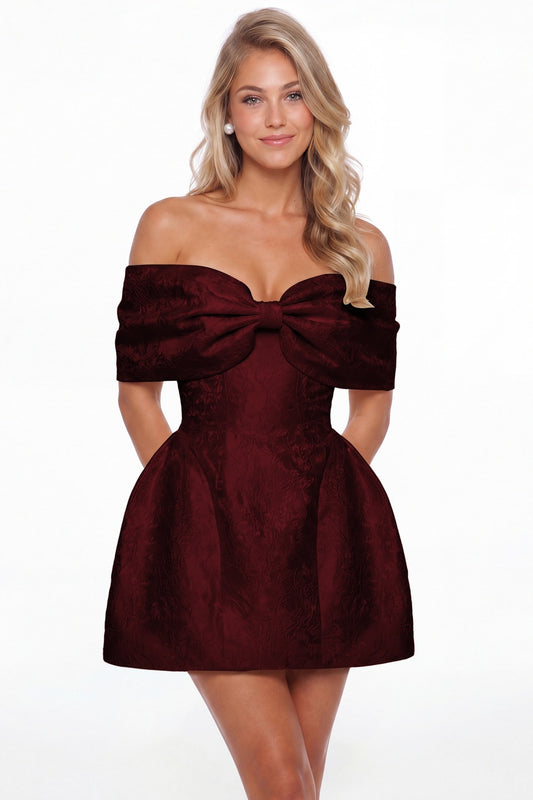Burgundy Bow Jacquard Mini Dress - Front View