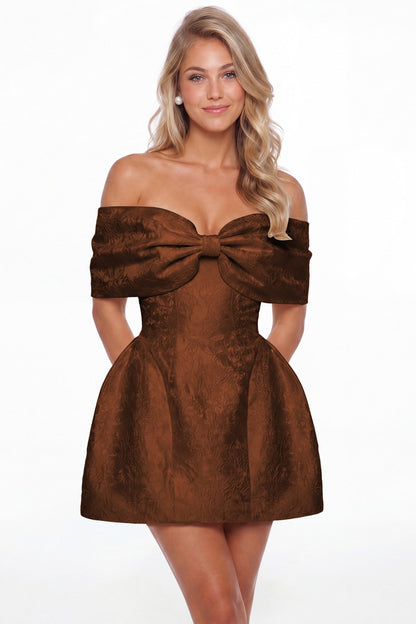 Burnt Orange Bow Jacquard Mini Dress - Front View