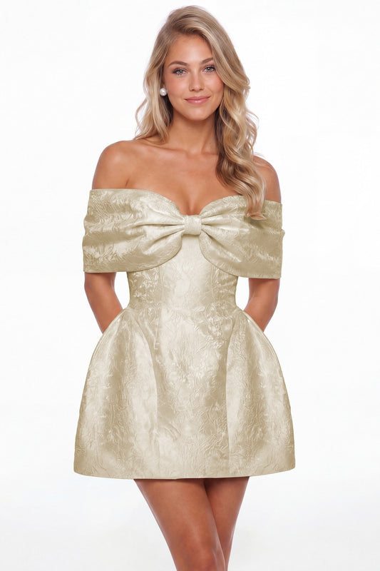 Champagne Bow Jacquard Mini Dress - Front View