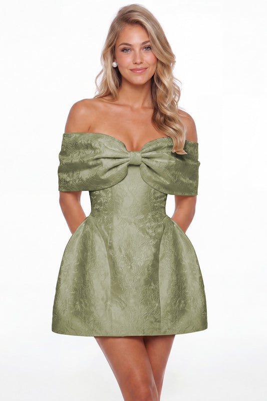 Dusty Sage Bow Jacquard Mini Dress - Front View