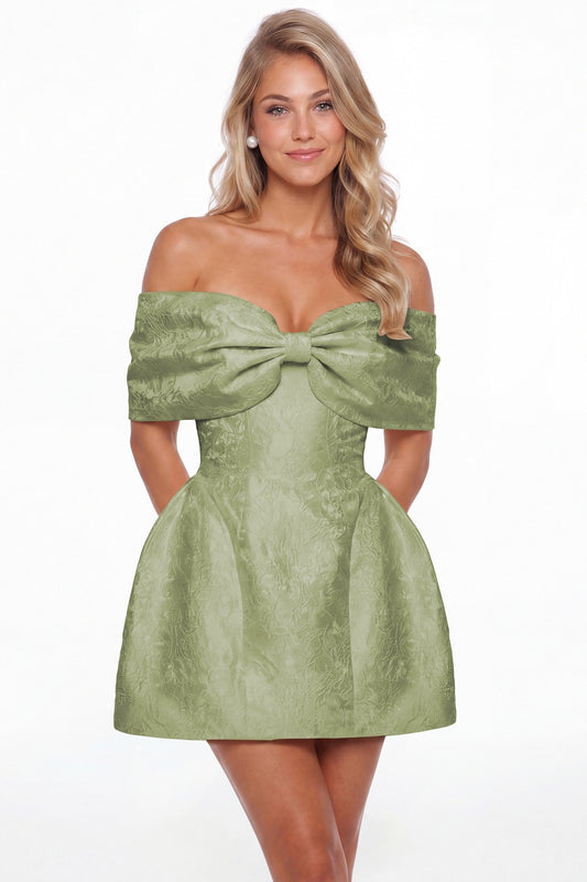 Dusty Sage Bow Jacquard Mini Homecoming Dress - Front View