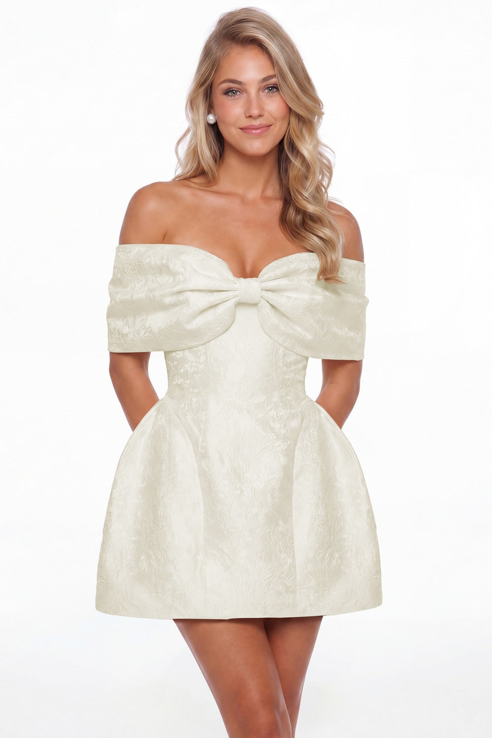 Ivory Bow Jacquard Mini Dress - Front View