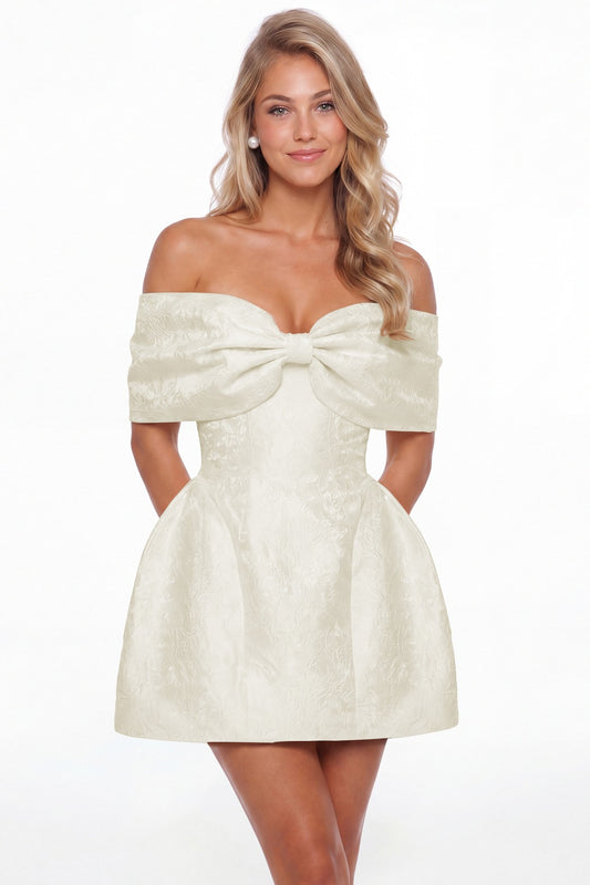 Ivory Bow Jacquard Mini Dress - Front View