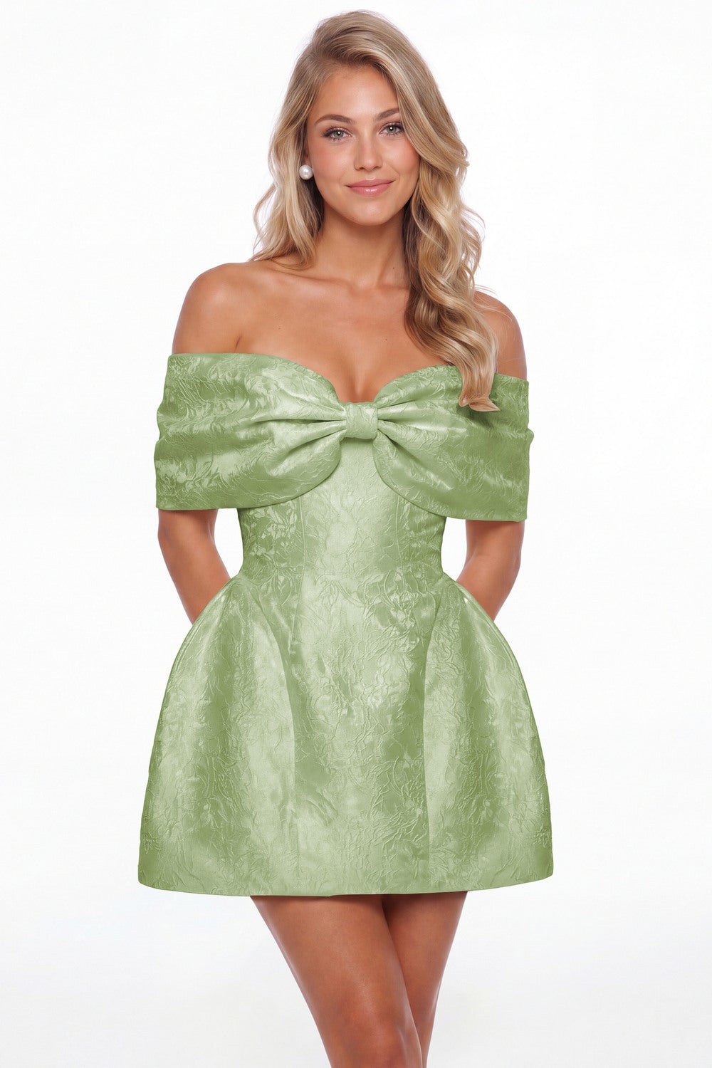Sage Green Bow Jacquard Mini Dress - Front View