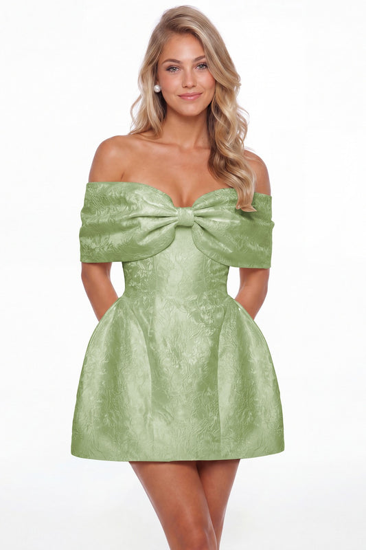 Sage Green Bow Jacquard Mini Dress - Front View