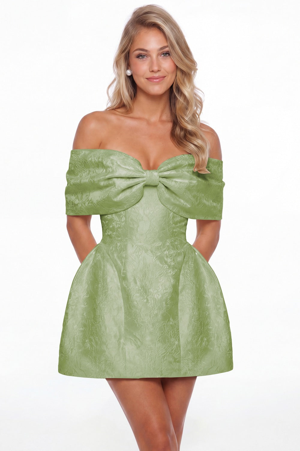 Sage Green Bow Jacquard Mini Homecoming Dress - Front View