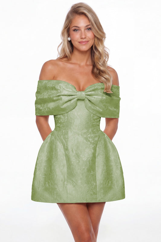 Sage Green Bow Jacquard Mini Homecoming Dress - Front View