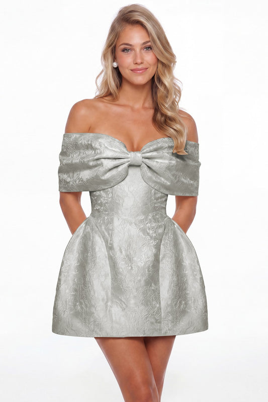 Silver Bow Jacquard Mini Dress - Front View