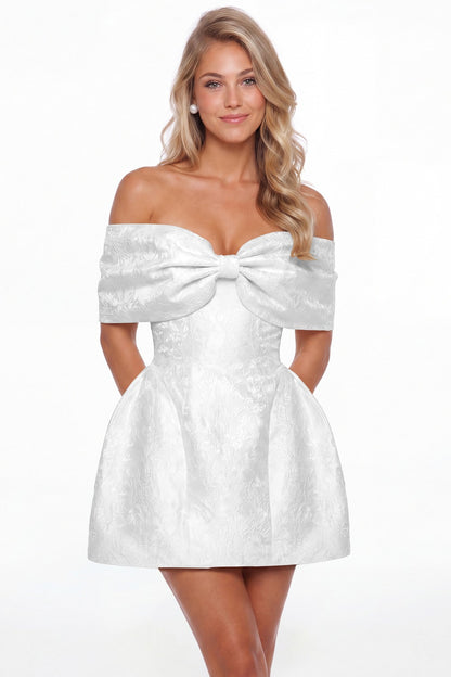 White Bow Jacquard Mini Dress - Front View