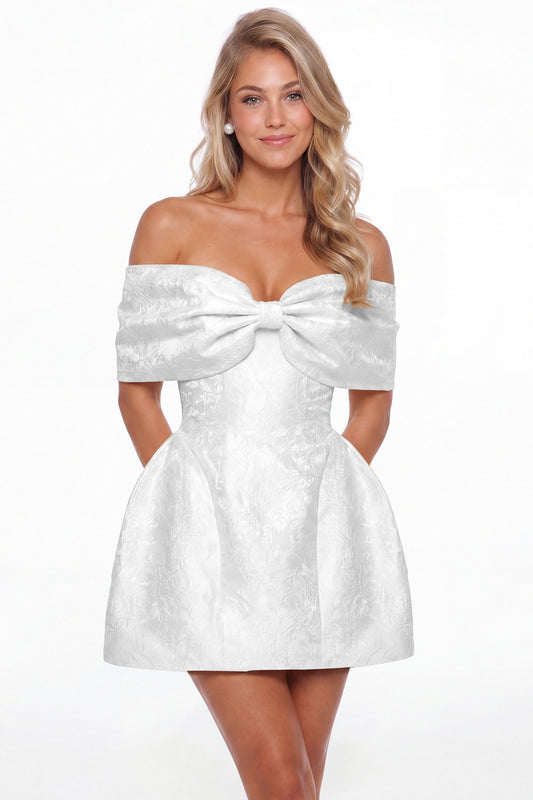 White Bow Jacquard Mini Dress - Front View