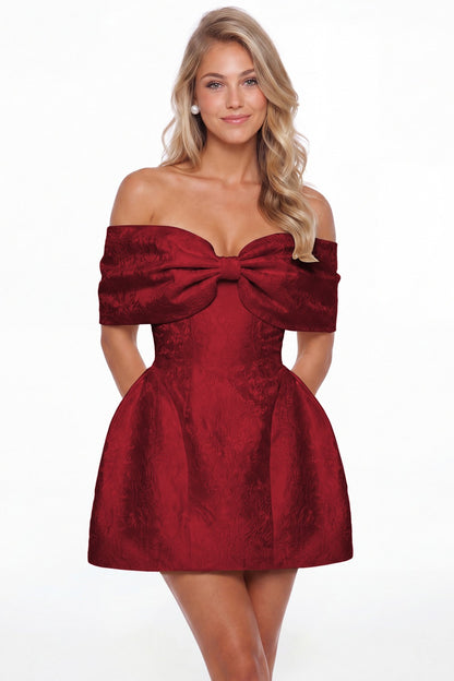 Wine Red Bow Jacquard Mini Dress - Front View