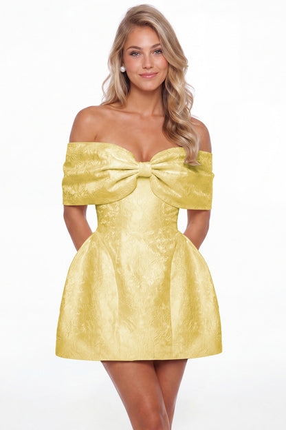 Yellow Bow Jacquard Mini Dress - Front View