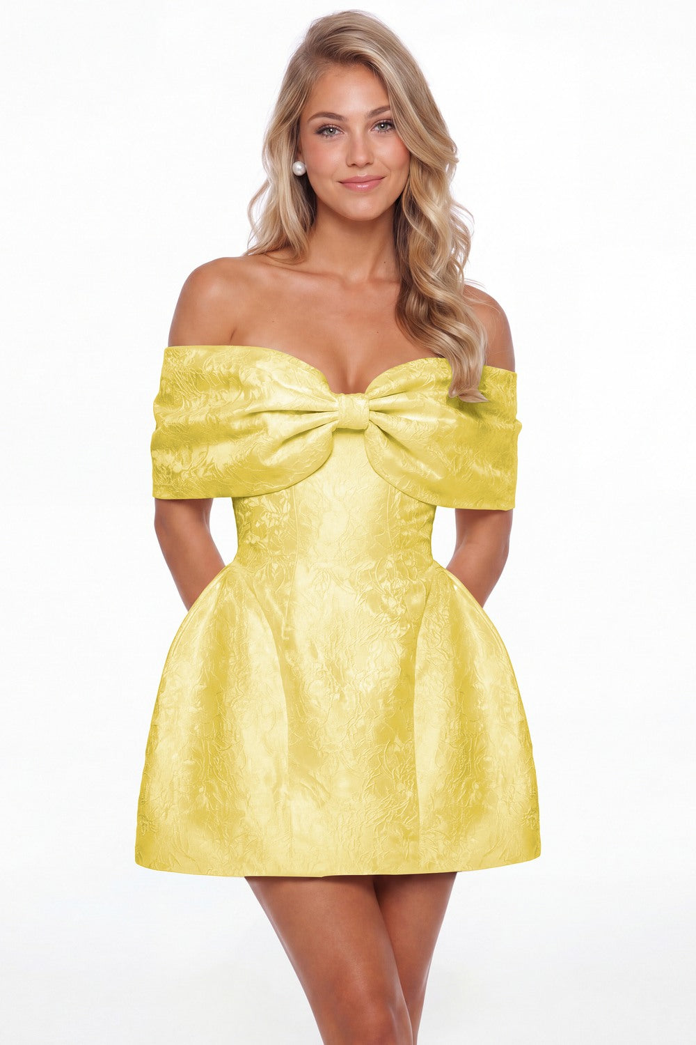 Yellow Bow Jacquard Mini Homecoming Dress - Front View