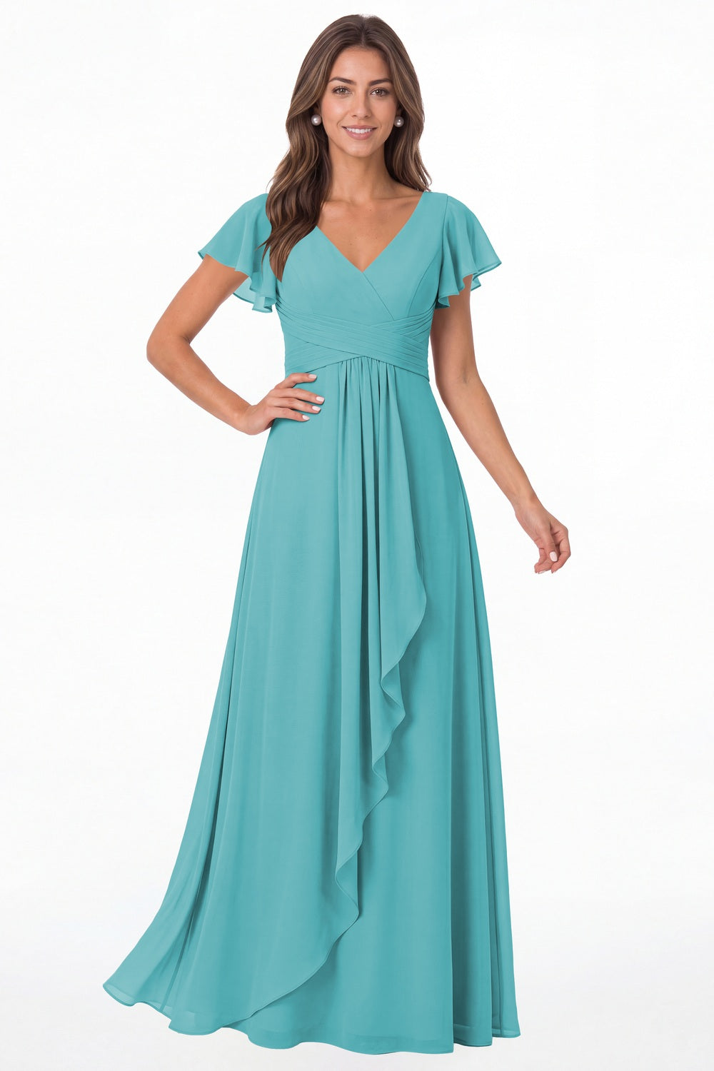 Aqua Blue V-Neck Flutter Sleeve Chiffon Ruffle Maxi Gown - Front View