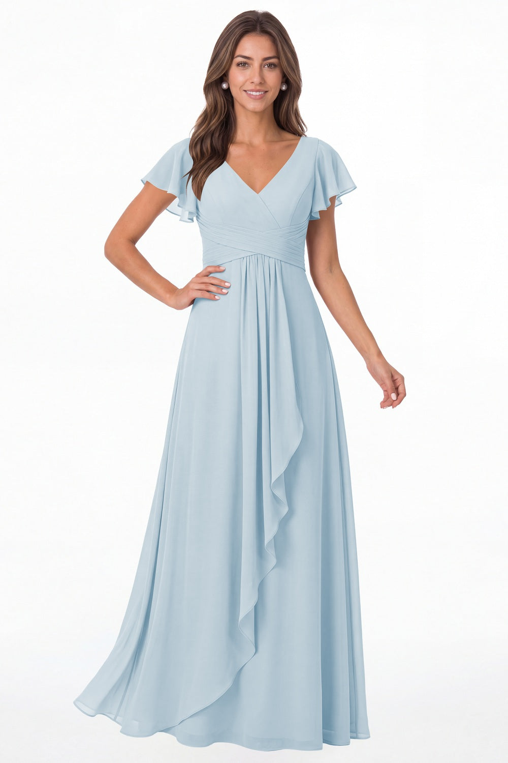 Baby Blue V-Neck Flutter Sleeve Chiffon Ruffle Maxi Gown - Front View