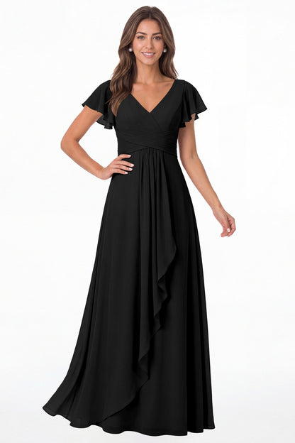 Black V-Neck Flutter Sleeve Chiffon Ruffle Maxi Gown - Front View