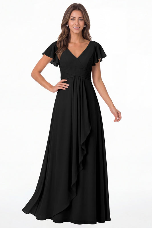 Black V-Neck Flutter Sleeve Chiffon Ruffle Maxi Gown - Front View