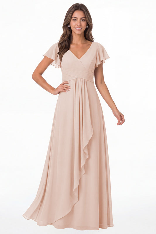 Blush Pink V-Neck Flutter Sleeve Chiffon Ruffle Maxi Gown - Front View
